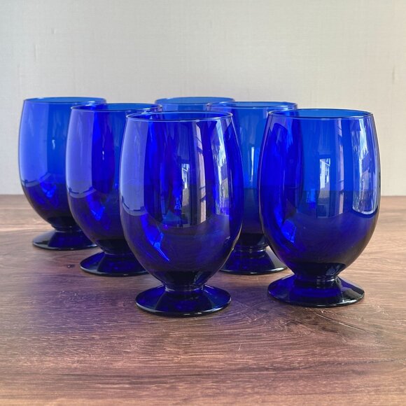Nybro Glasbruk Cobalt Blue Footed Glasses, Set of 6, Swedish Blown Glass Goblets - Picture 4 of 8